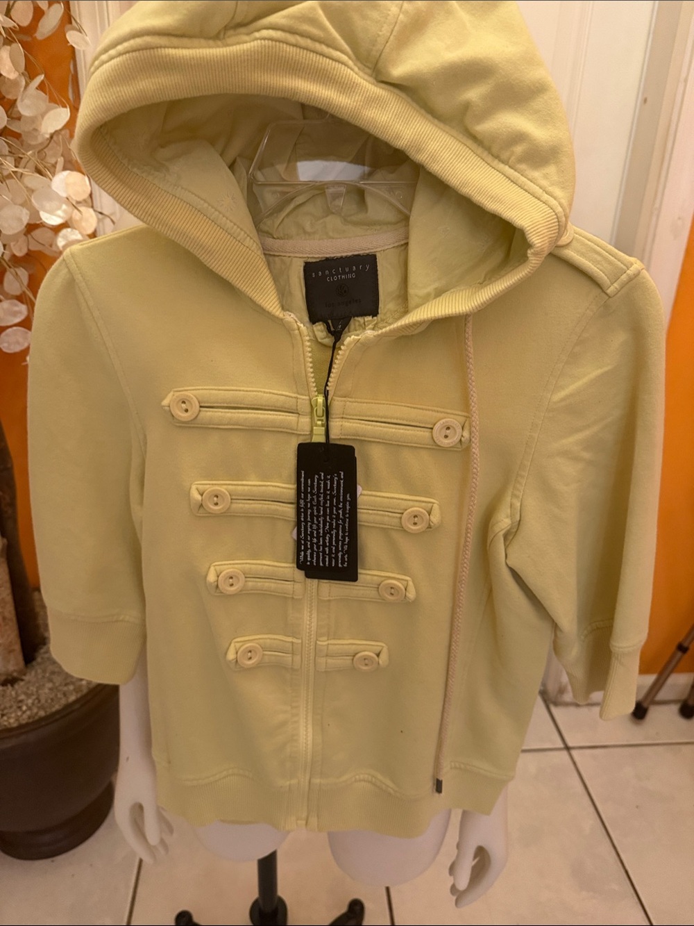Sanctuary Pale Yellow Hooded Military-Style Zip Sweatshirt
